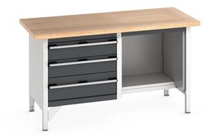 Bott Cubio Storage Workbench 1500mm wide x 750mm Deep x 840mm high supplied with a Multiplex (layered beech ply) worktop, 3 x Drawers (1 x 200mm & 2 x 150mm high)  and 1 x open section with 1/2 depth base shelf.... 1500mm Wide Storage Benches